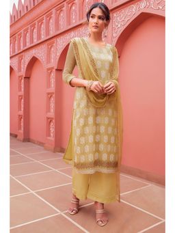 Soch - Light Yellow Chiffon Floral Embroidered Unstitched Dress Material With Scallop Dupatta - 3 Meter Kurta Fabric