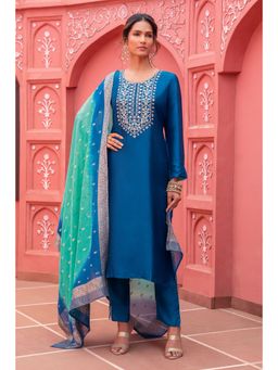 Soch - Blue Silk Zari Woven And Embroidered Unstitched Dress Material With Ombre Dupatta - 3 Meter Kurta Fabric