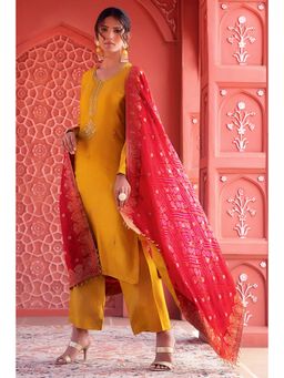 Soch - Mustard Silk Embroidered Unstitched Dress Material With Contrasting Zari Woven And Bandhani Printed Dupatta - 3 Meter Kurta Fabric
