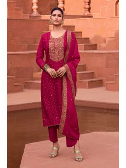 Soch - Fuchsia Silk Embroidered Unstitched Dress Material With Woven Motifs - 3 Meter Kurta Fabric