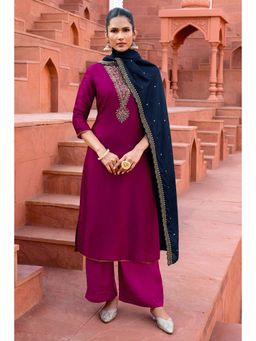 Soch - Magenta silk Embroidered Unstitched Dress Material With Contrasting Blue Dupatta - 3 Meter Kurta Fabric