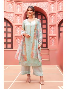 Soch - Turquoise Blue Silk Zari Embroidered And Sequinned Unstitched Dress Material With Floral Printed Dupatta - 3 Meter Kurta Fabric