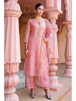 Soch - Pink Silk Zari Embroidered And Sequinned Unstitched Dress Material With Floral Printed Dupatta - 3 Meter Kurta Fabric