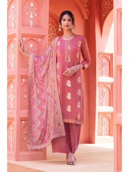Soch - Blush Pink Organza Hand Embroidered Zardosi Unstitched Dress Material With Bandhani Printed Dupatta And Sequins - 3 Meter Kurta Fabric