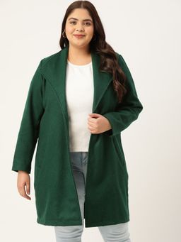 theRebelinme - Women Bottle Green Solid Color Spread Collar Longline Jacket