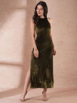 Globus - Green Sleeveless Halter Neck Velvet Side Slit Flared Maxi Dress