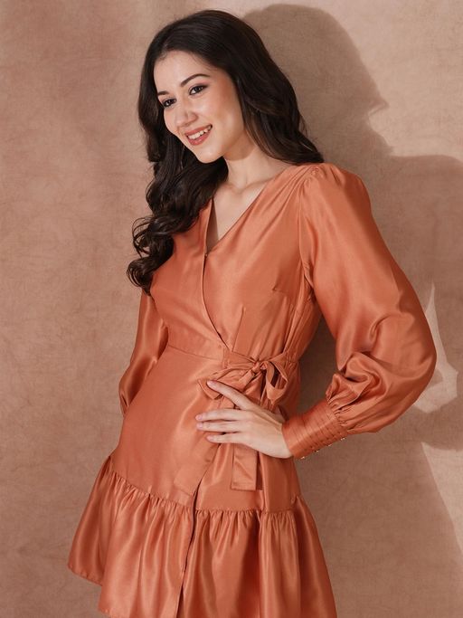 green emerald velvet dress Waist Long Sleeve Fit and Flare Mini Dress Small / Camel