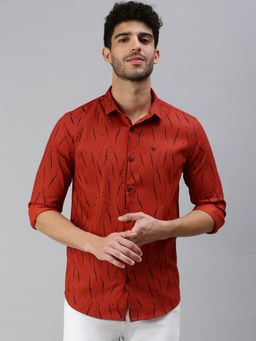 SHOWOFF - Men Roll-Up Sleeves Rust Abstract Shirt