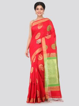 PinkLoom - Women's Cotton Silk Saree With Unstitched Blouse Piece,Red