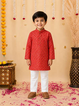 BownBee - Maroon Foil Print Full Sleeve Cotton Kurta Pyjama For Boys