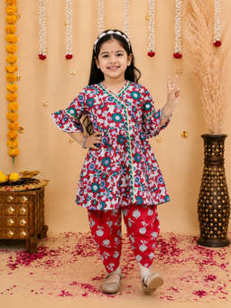 BownBee - Red Indo Western Angarakha Kurti With Dhoti For Girls