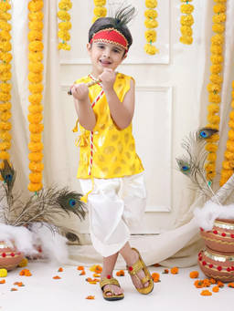 BownBee - Yellow Morpankh Printed Dhoti Kurta With Mukut And Bansuri For Boys
