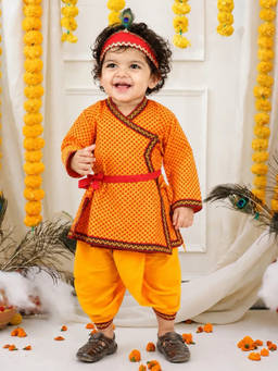 BownBee - Yellow Angarakha Kurta Dhoti With Bansuri Mukut & Belt