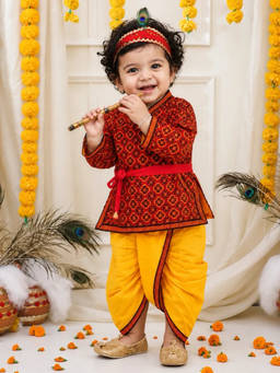 BownBee - Red Printed Kurta Dhoti With Bansuri Mukut & Belt For Boys