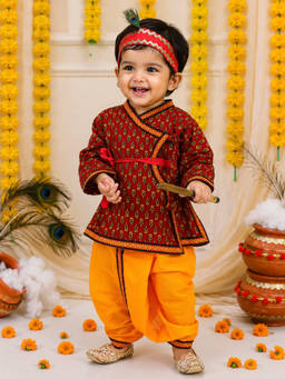 BownBee - Red Cotton Angrakha Kanhaiya Dress With Bansuri Mukut And Belt