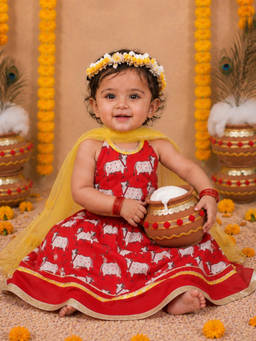 BownBee - Red Pure Cotton Printed Halter Choli And Lehenga With Dupatta For Infant Girls