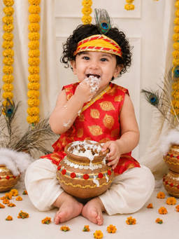BownBee - Red Morpankh Printed Dhoti Kurta With Mukut And Bansuri For Infant Boys
