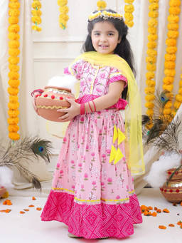 BownBee - Pink Pure Cotton Lehenga Choli And Dupatta For Girls