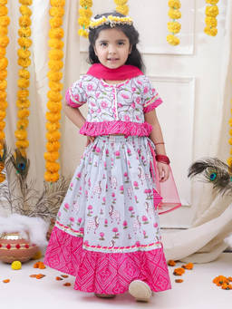 BownBee - Sky Pink Pure Cotton Lehenga Choli And Dupatta For Girls