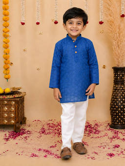 BownBee - Blue Full Sleeve Cotton Kurta With Pyjama For Boys