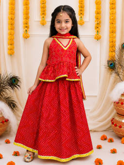 BownBee - Red Pure Cotton Halter Neck Choli And Lehenga With Dupatta For Girls