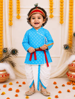 BownBee - Blue Printed Angrakha Kurta And Dhoti With Bansuri Mukut And Belt For Boys