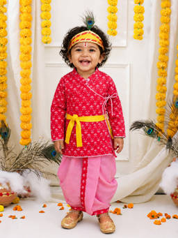 BownBee - Red Printed Angrakha Kurta And Dhoti With Bansuri Mukut And Belt For Boys