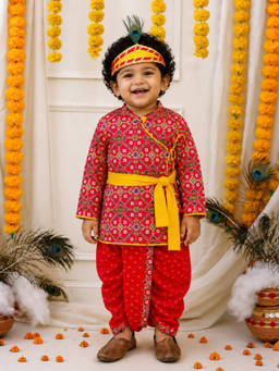 BownBee - Red Printed Angrakha Kurta And Dhoti With Bansuri Mukut And Belt For Boys