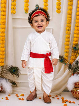 BownBee - White Printed Angrakha Kurta And Dhoti With Bansuri Mukut And Belt For Boys