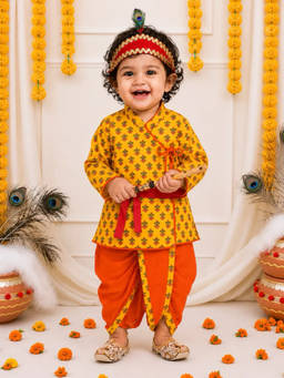 BownBee - Yellow Printed Angrakha Kurta And Dhoti With Bansuri Mukut And Belt For Boys