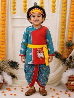 BownBee - Red Pure Cotton Embroidered Dhoti Kurta With Bansuri Mukut And Belt For Boys