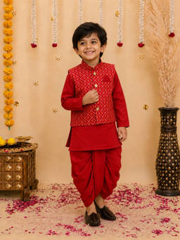 BownBee - Maroon Festive Blend Jacket With Solid Dhoti Kurta For Boys