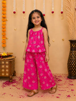 BownBee - Pink Pure Cotton Top With Palazzo For Girls