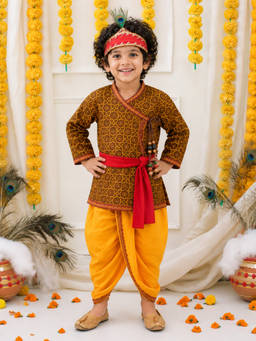 BownBee - Green Jaipuri Print Cotton Kedia Dhoti With Bansuri Mukut And Belt For Boys