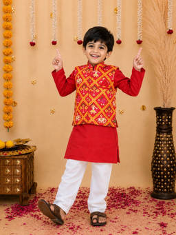 BownBee - Red Patan Patola Jacket Kurta Pyjama 3 Piece Set