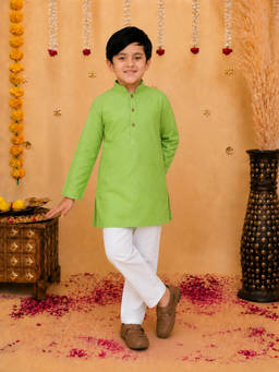 BownBee - Green Stand Collar Cotton Kurta Pyjama