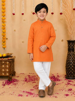 BownBee - Orange Stand Collar Cotton Kurta Pyjama