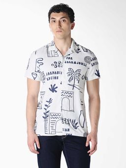 Jack & Jones - White Printed Half Sleeves Shirt