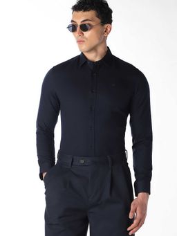 Jack & Jones - Navy Blue Solid/Plain Full Sleeves Shirt