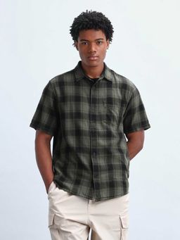 Flying Machine - Olive Checks Half Sleeves Shirt
