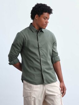 Flying Machine - Olive Solid/Plain Full Sleeves Shirt
