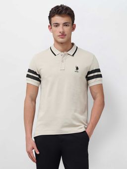 U.S. Polo Assn. Denim Co. - Beige Solid/Plain Half Sleeves Polo T-Shirt
