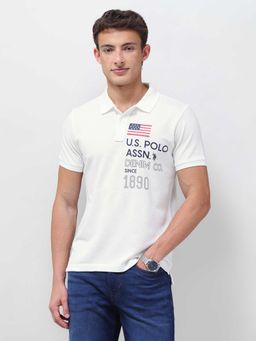 U.S. Polo Assn. Denim Co. - White Typography Half Sleeves Polo T-Shirt