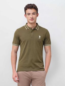U.S. POLO ASSN. - Olive Solid/Plain Half Sleeves Polo T-Shirt