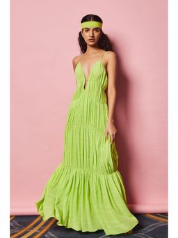 Nirmooha - Lime Green Textured Maxi With Cording Detailing