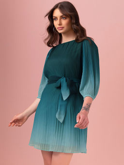 FabAlley - Teal Blue Ombre Pleated Dress with Belt (Set of 2)