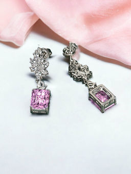 Designs & You - Crushed Ice Cut Cubic Zirconia Silver Plated Pink Geometric Drop Earrings