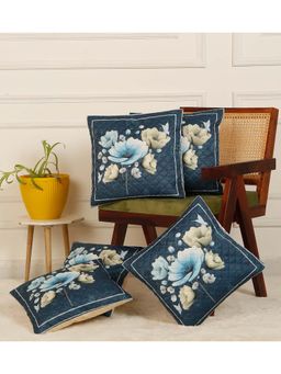 HOSTA HOMES - Soft Velvet Quilted Digital Printed Cushion Covers Blue (Pack Of 5) (16x16 Inches)