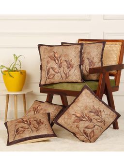 HOSTA HOMES - Soft Velvet Quilted Digital Printed Cushion Covers Beige (Pack Of 5) (16x16 Inches)