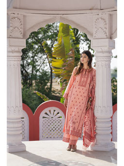 Safaa - Orange Cotton Woven Design Unstitched Kurta & Bottom with Dupatta (Set of 3)